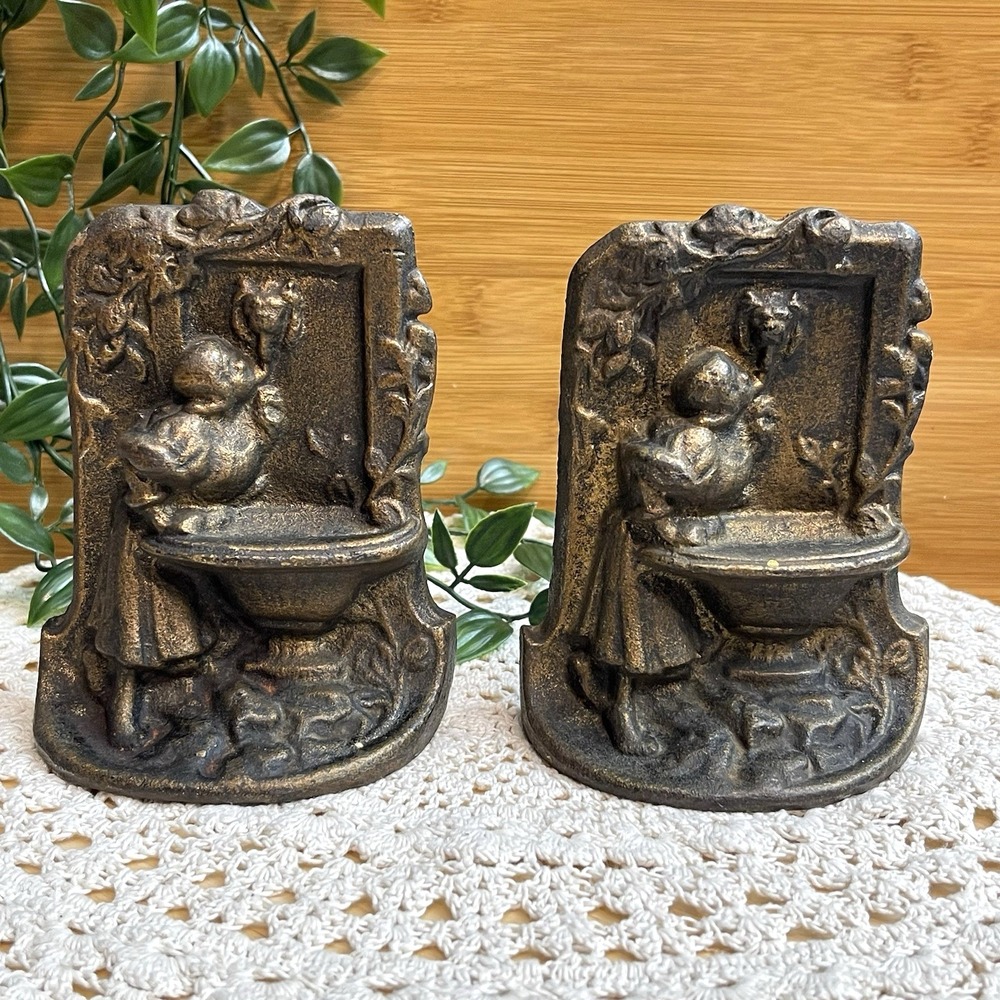 Antique Art Nouveau Cast Iron Bookends Girl at Fountain Lion Bronzed Heavy Pair